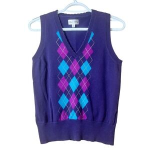 Women's Argyle Golf Sweater Vest V Neck Purple Cotton Size Small Preppy